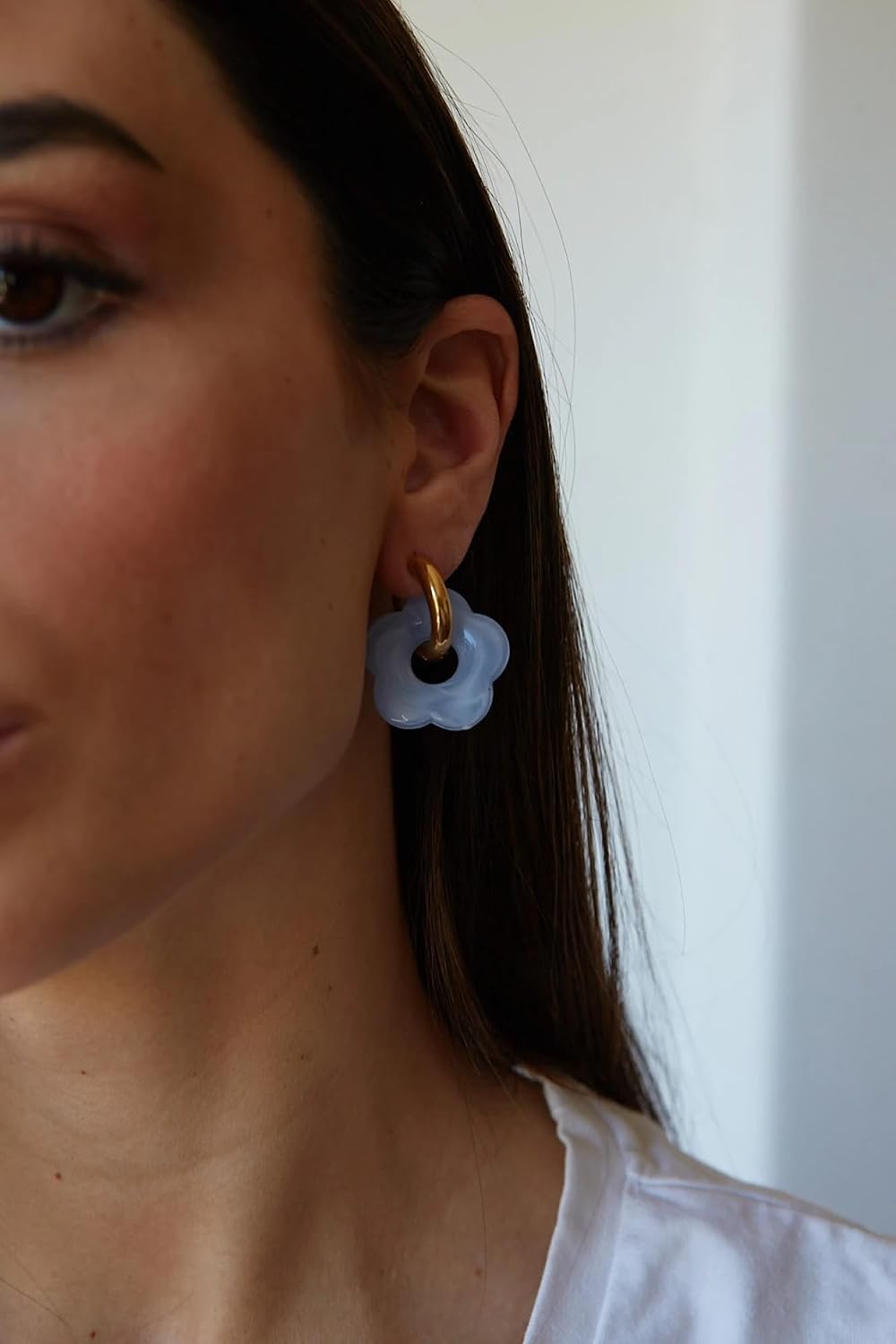 El Regalo Women's & Girl's Vintage Big & Bold Stainless Steel Acrylic Flower Hoop Earrings- Colorful Hollow Marbled Finished Flower Huggie Earrings (Cloud Blue)