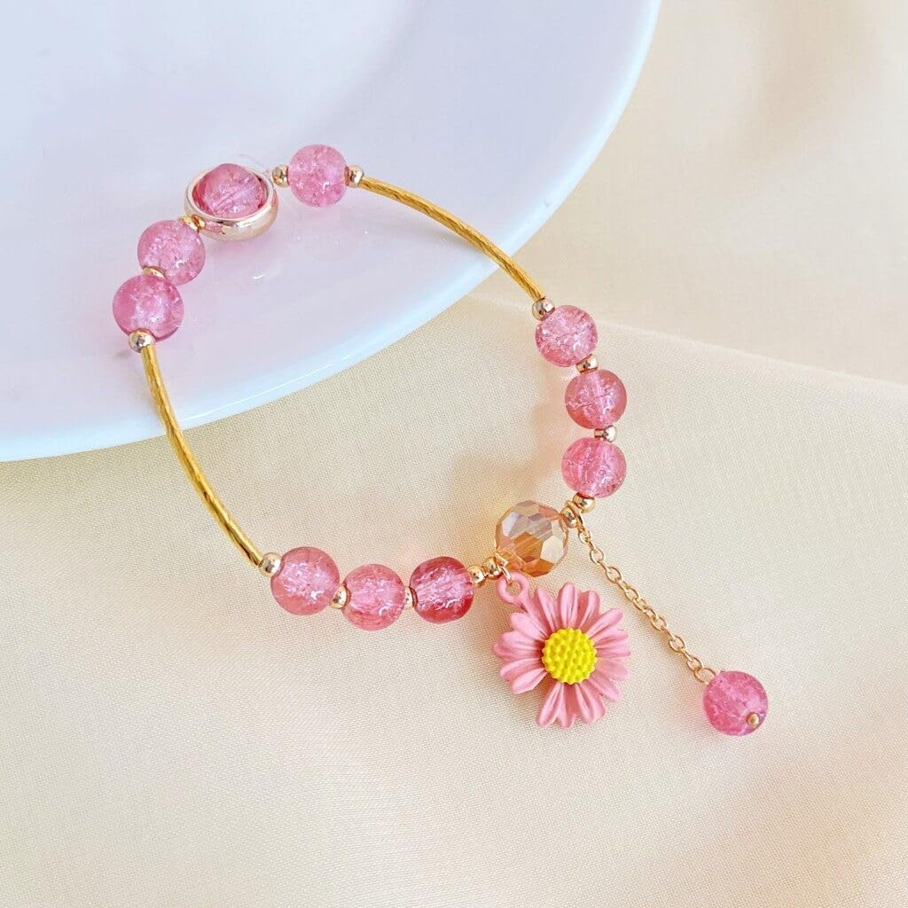 El Regalo 1PC Daisy Flower/Sunflower Crackle Beads Stretch Bracelet for Girls & Women- Fancy Floral Bracelets (Pink)