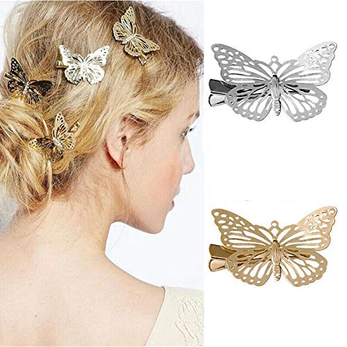 El Regalo 2 Pcs Barrette Hollow Out Golden Butterfly Metal Hair Clips For Girls & Women (Set Of 2) (1 Silver + 1 Golden)
