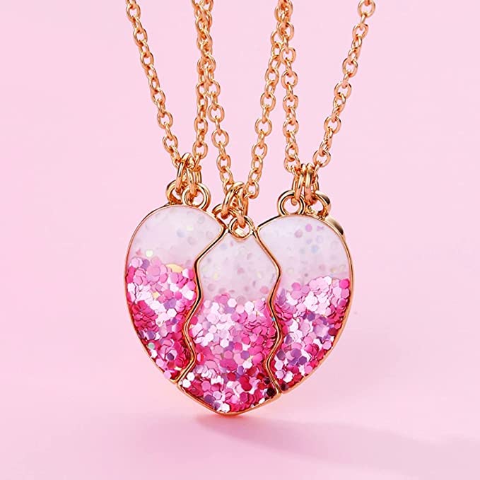 El Regalo 3 PCs BFF Best Friend Forever Split Heart Magnetic Matching Pendant Necklaces Set for Kids/Girls/Teens- Friendship Puzzle Necklaces Sets for Besties (Pink Sparkling Heart BFF)