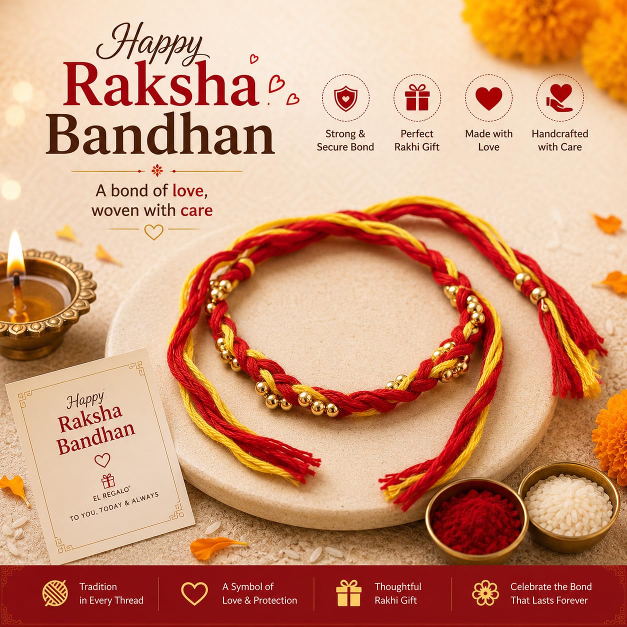 El Regalo Traditional Moli Rakhi for Brother | Long Braided Kalava Raksha Sutra Thread | Red Yellow Sacred Mauli Dhaga | Handmade Minimalist Rakhi for Men & Boys | Raksha Bandhan