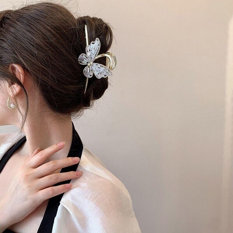 El Regalo Fancy Large Shark Hair Clutcher Clip - Metal Rhinestone Crystals Butterfly Hair Claw for Women - Wedding/Party Hair Accessories