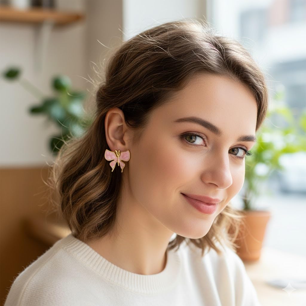 El Regalo 1Pair Stainless Steel Anti-Tarnish Pink Enamel Earrings for Girls & Women | Trendy & Cute Leaf, Bow, Ribbon, Strawberry & Butterfly Stud Earrings (Butterfly Stud)