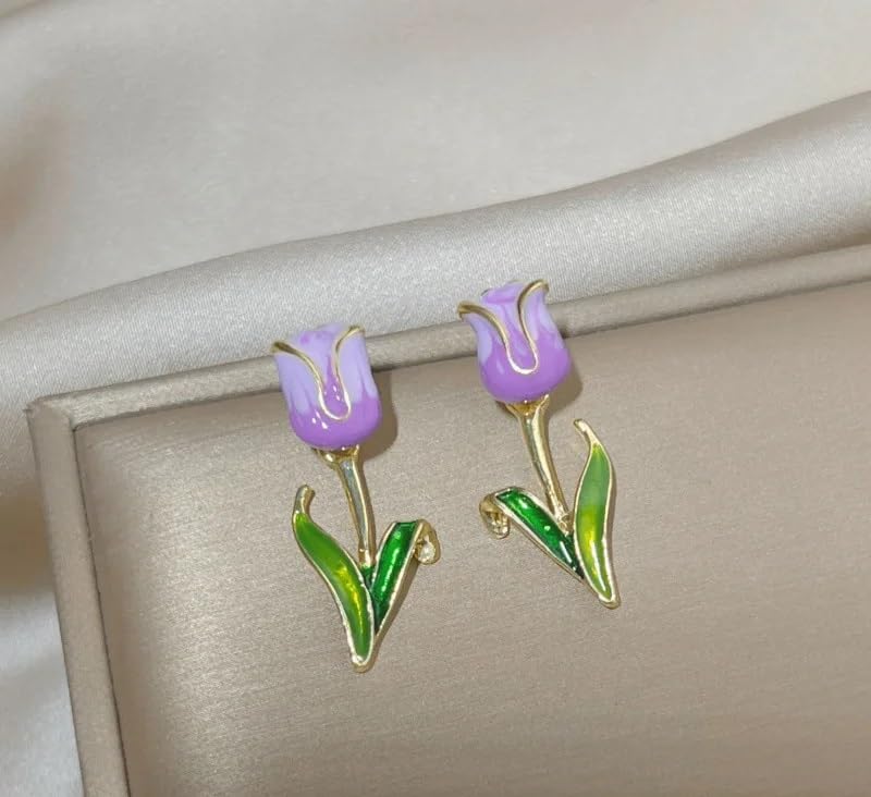 El Regalo Cute Purple Tulip Stud Earrings for Girls & Women - Fancy Tulip Flower Earrings, Elegant and Charming Design