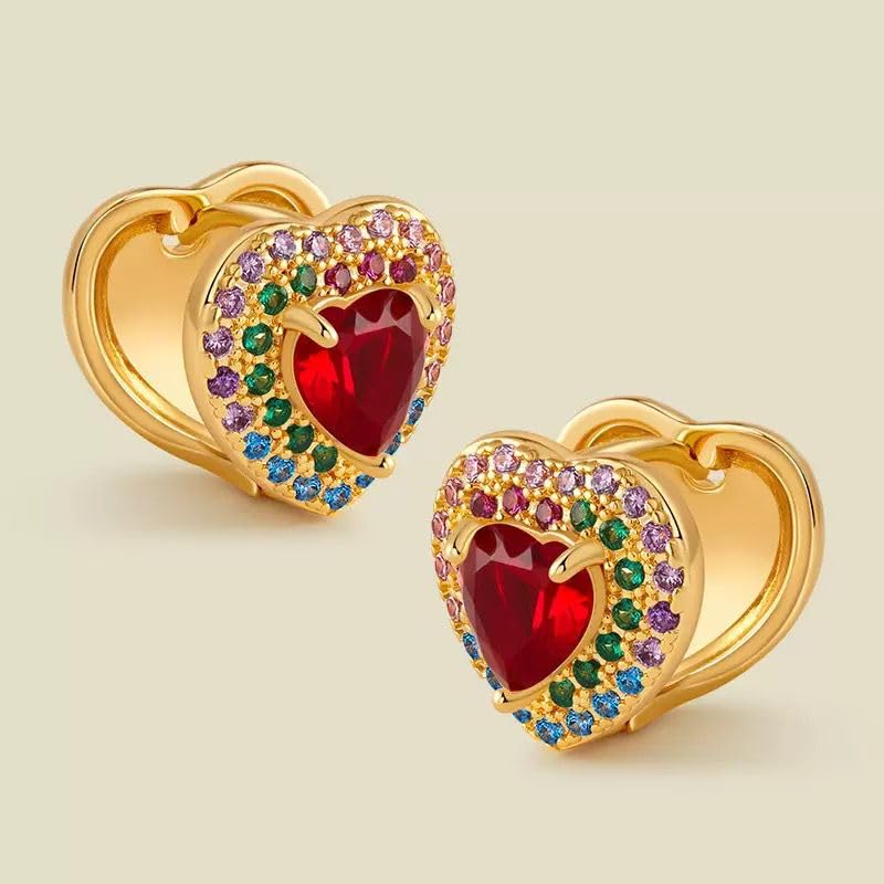 El Regalo 18K Gold Plated Heart Hoop Earrings for Women & Girls | Luxury Colorful Zircon Crystals Heart Hoops | Trendy Hoops Earrings (Ruby Red)