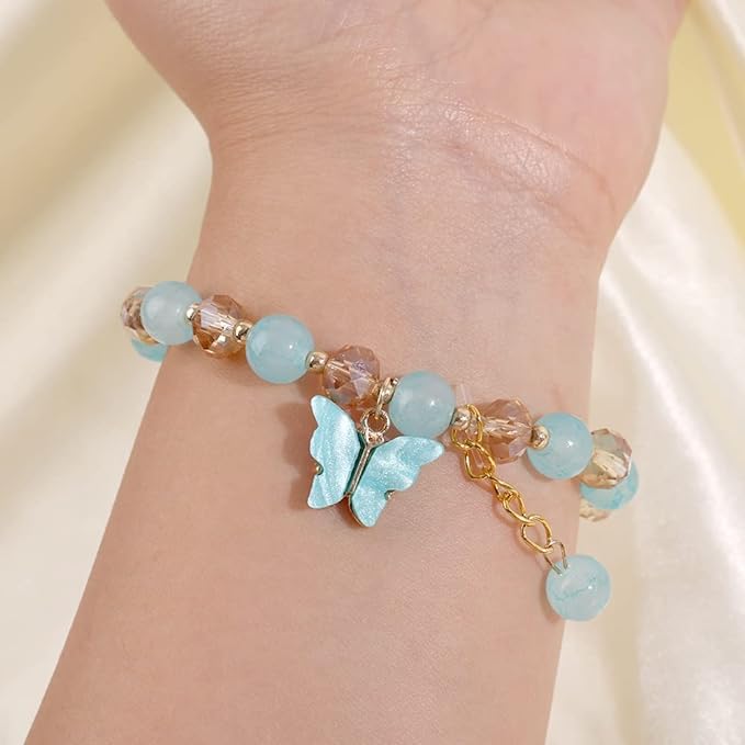 El Regalo 1 PC Butterfly Sparkly Crystal Beads Tassel Bracelet With Cute Enamel Butterfly Charms for Girls/Teens/Women (Blue)