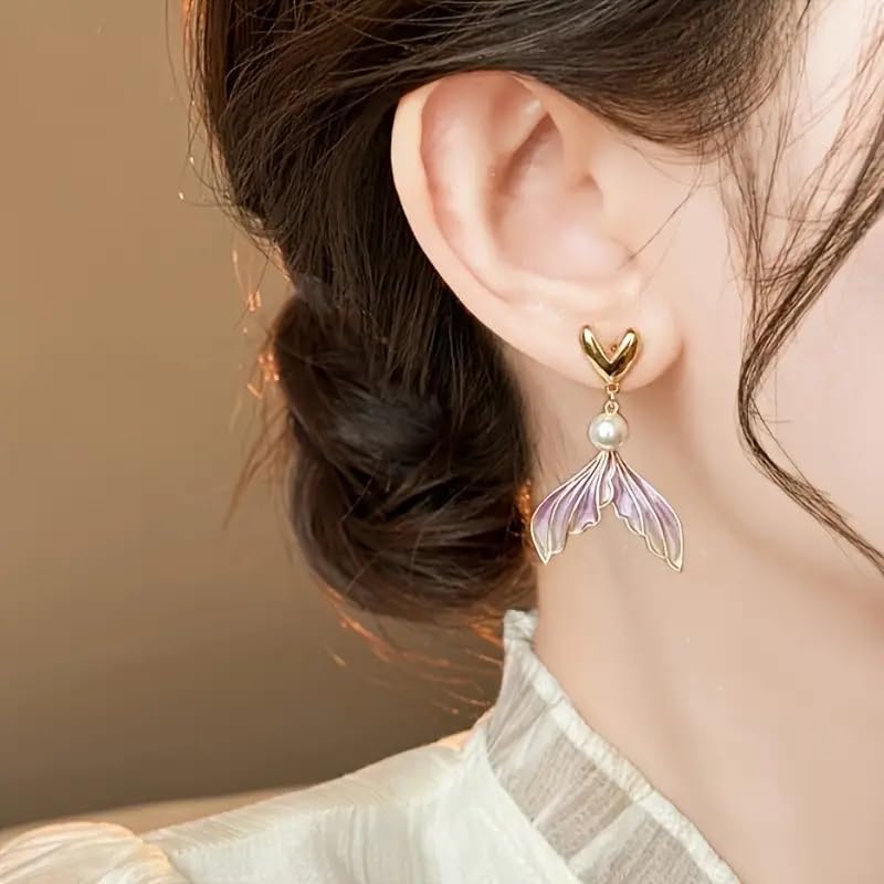 El Regalo Chic Gradient Fishtail Pearl Heart Earrings - Dazzling Mermaid Aesthetic Jewelry with Enameled Fishtail and Heart Stud - Minimalist Vintage Style for Women & Girls
