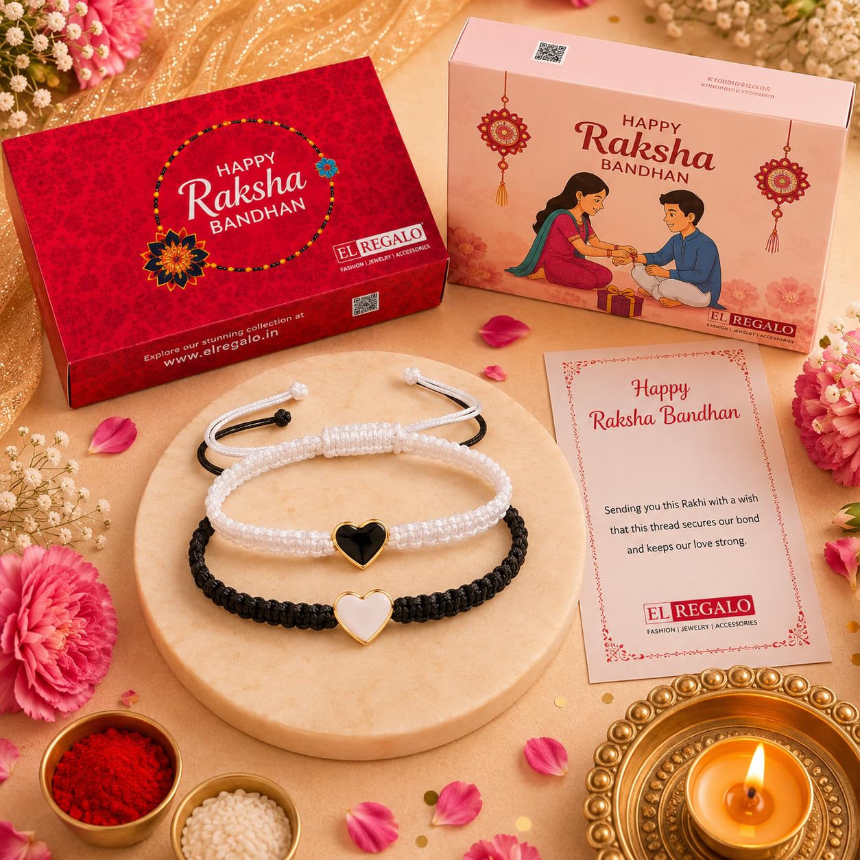 El Regalo 2PCs Minimalist & Elegant Heart Bracelet Rakhi Combo Set for Brother/Bhai/Bhaiya-Bhabhi with Roli-Chawal & Rakhi Gift Box - Handwoven, Beautifully Packaged (Black & White)