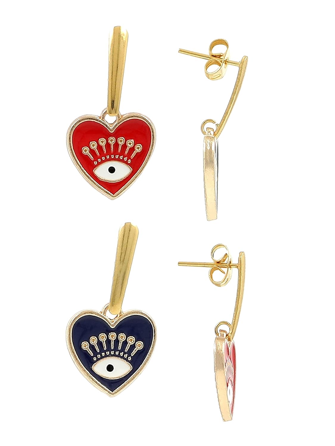 El Regalo 2 Pairs Evil Eye Hypoallergenic Dangle Heart, Star, Rainbow Studs/Hook Earrings - Handcrafted Golden Enamel Evil Eye Earrings for Girls & Women (Option- 2)