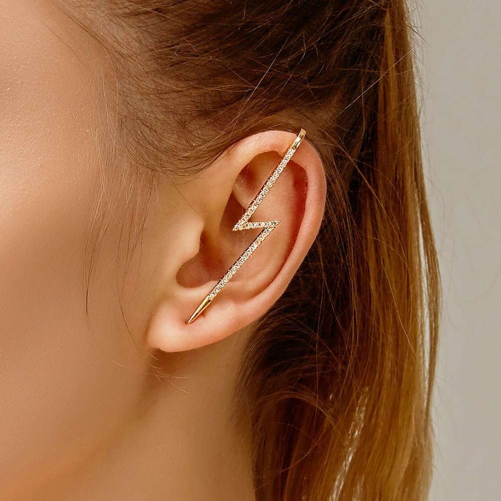 El Regalo 2PCs Fancy Lightning Bolt Edgy Hook Pin Ear Cuff Earring for Girls & Women - Ear Crawler Ear Pins (Gold)