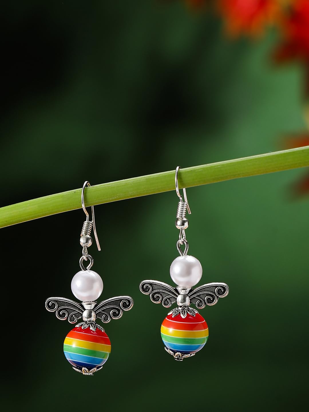 El Regalo Rainbow Angel Wings Pearl Earrings- Cute Small Hook Earrings with Colorful Wings & Elegant Pearls