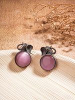 El Regalo 1Pair Oxidized German Silver Ganesha Elephant Stone Stud Earrings- Handcrafted Unique Earrings with Color Stone Options (Pink)