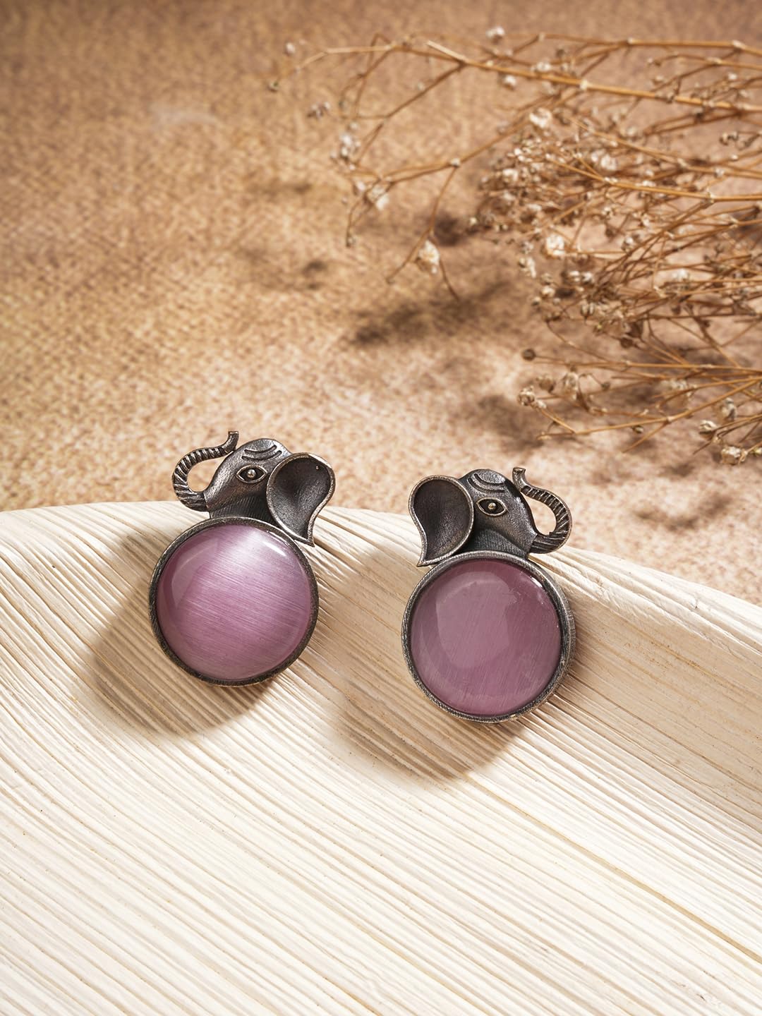 El Regalo 1Pair Oxidized German Silver Ganesha Elephant Stone Stud Earrings- Handcrafted Unique Earrings with Color Stone Options (Pink)