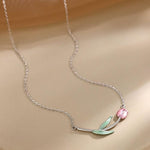 El Regalo Pink Tulip Flower Necklace- Sleek Oil Dripping Tulip Pendant Chain Necklace for Girls & Women
