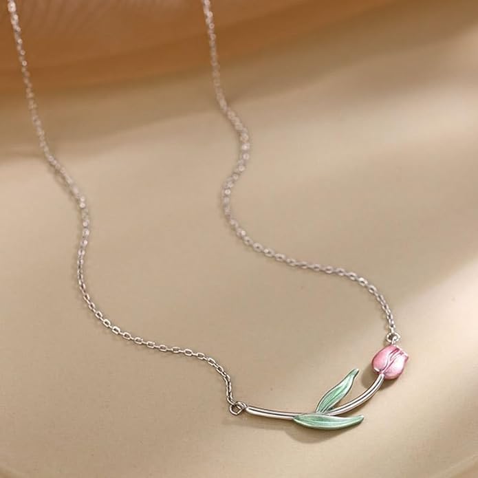 El Regalo Pink Tulip Flower Necklace- Sleek Oil Dripping Tulip Pendant Chain Necklace for Girls & Women