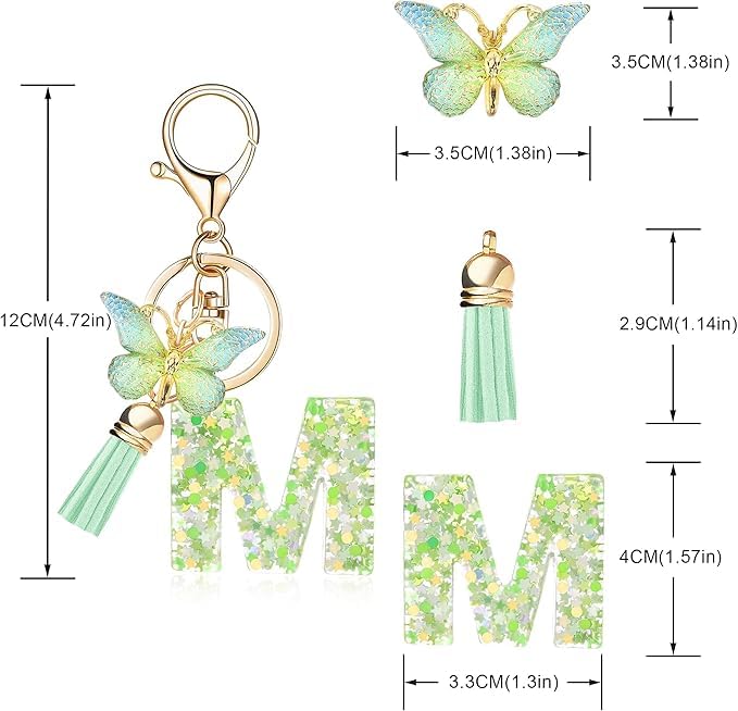 El Regalo Personalized Name Initials Butterfly Charm Keychain - Name Letters Keyring with Green Butterfly & Stars Filled Resin & Tassel Pendant, Purse, Bag, Backpack Accessory (Letter M)