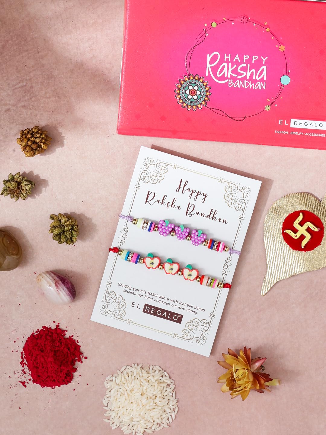 El Regalo 2PCs Cute Kids Fruits Beads Bracelet Rakhis Set for Brother/Bhai - Kids Rakhis with Roli Chawal in Gift Box - Adorable Fruit Charm Rakhis for Boys (Cute Rakhi Set-2)