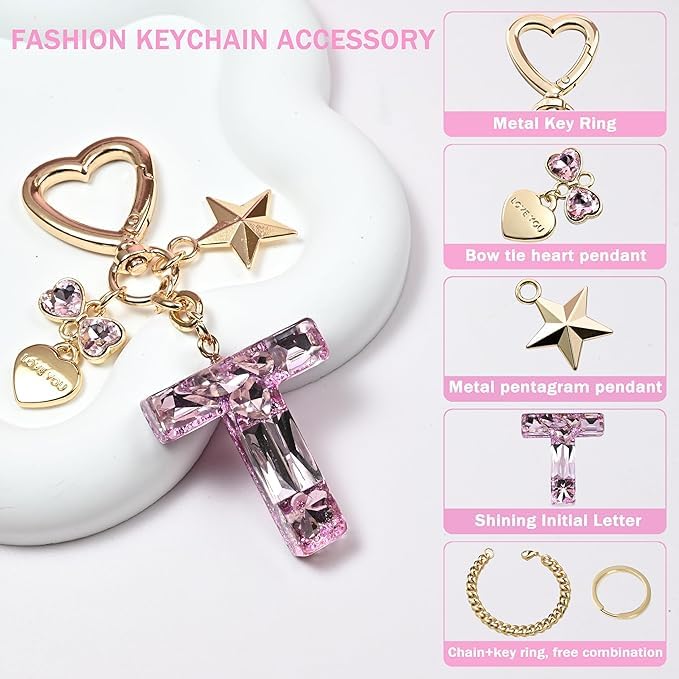 El Regalo Personalized Glitter Initial Letter Keychain for Girls & Women - Cute Pink Resin Alphabet Keyring with Heart & Star Charms - Fancy Luxury Bag Accessory & Birthday Gift (Letter T)