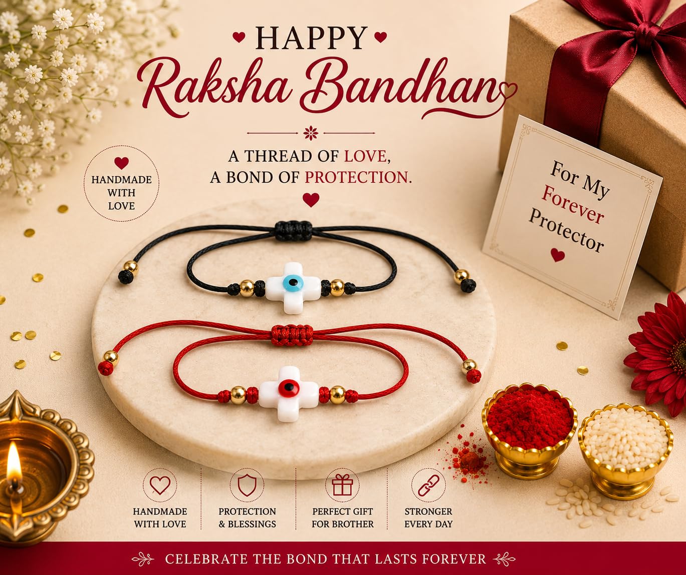 El Regalo 2PCs Evil Eye Minimalist Rakhi Combo Set for Brothers/Bhai-Bhatija with Roli Chanwal, Rakhi Message Card in Rakshabandhan Box