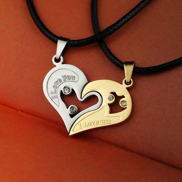 El Regalo 2PCs Stainless Steel Love Heart CZ I Love You Puzzle Matching Couple Pendant Necklaces- Anti Tarnish Best Friend Heart Necklaces for Girls/Boys/Men/Women/Besties (Silver & Golden Hearts)