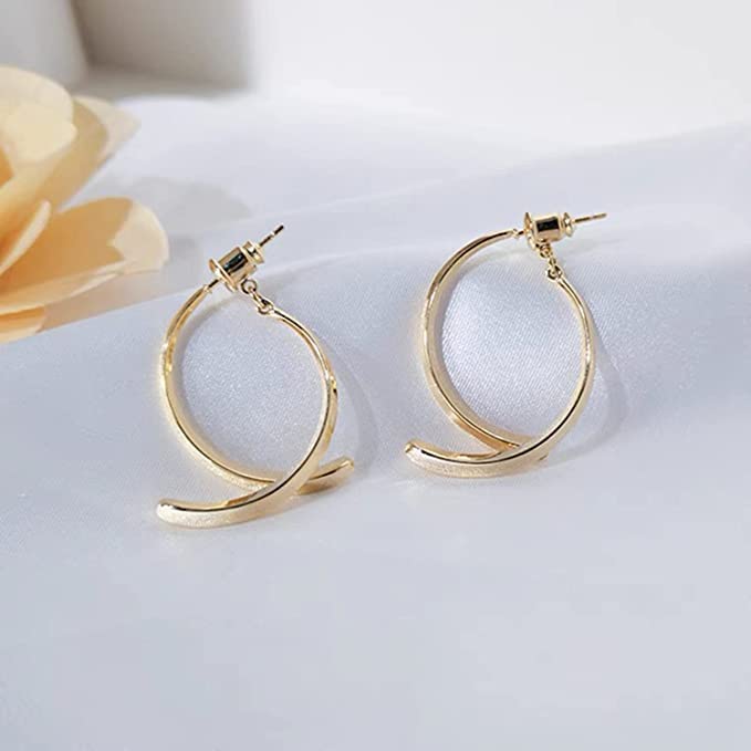 El Regalo Women's & Girl's Cross Curved Earrings, Curved Stick Front Back Linear Drop Hypoallergenic Earrings (Plain Golden)