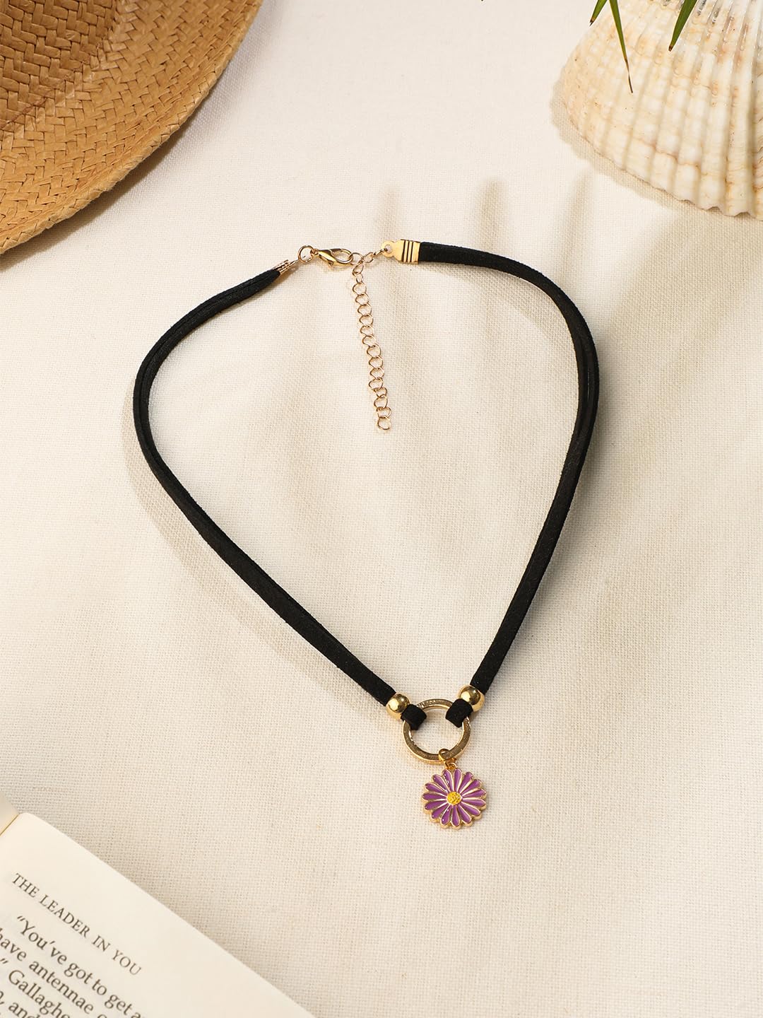 El Regalo 1PC Cute & Fancy Black Faux Choker Collar Necklace with Charms for Girls & Women (Purple Daisy Flower Choker)