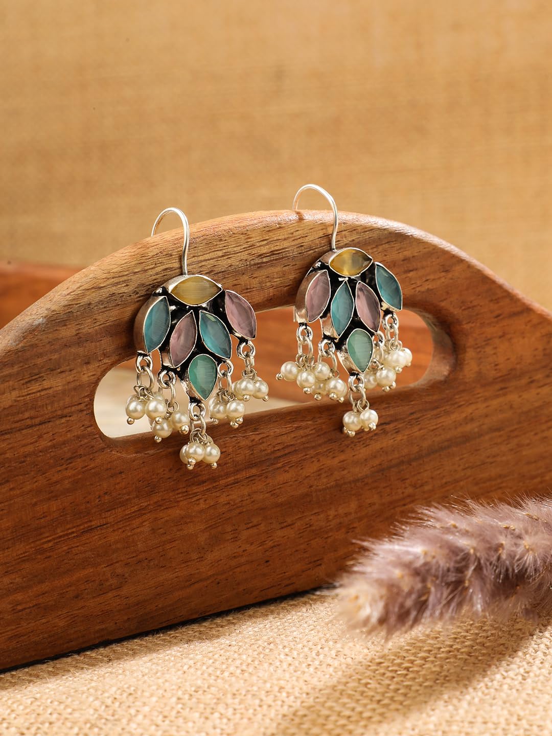 El Regalo 925 Silver Plated Stones Studded Cluster Pearls Dangle Hook Oxidized Earrings - Handcrafted Elegant Jewelry for Women (Pastel Multi Color)