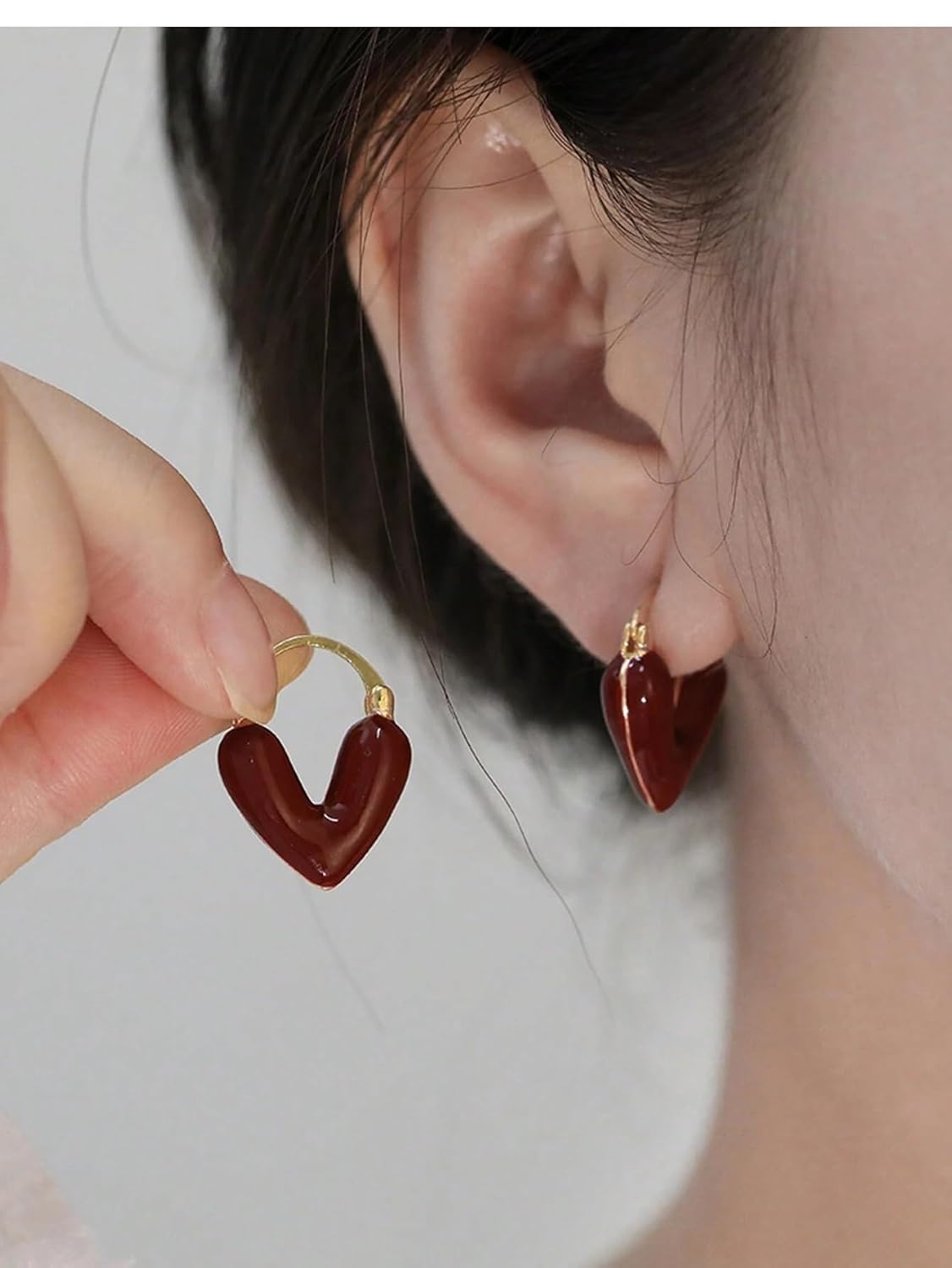 El Regalo 1Pair Love Heart Hoop Earrings- Small Oil Dripping Gold Plated Heart Earrings for Girls & Women Hoop (Dark Red)