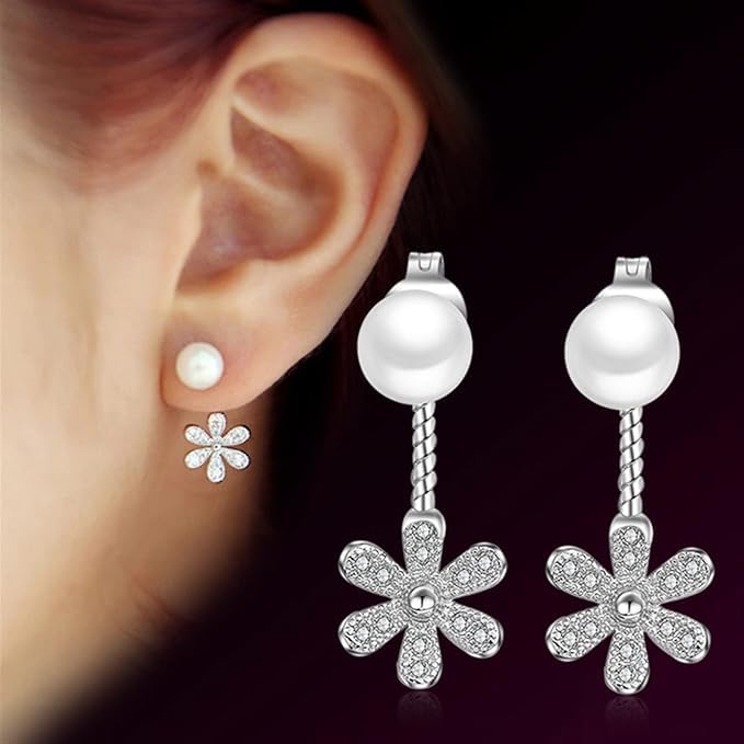 El Regalo Tiny Front Back Flower Pearl Earrings for Women | Premium Silver Plated CZ Studded Cute Jacket Earrings | 2-in-1 Versatile Minimalist Korean Style Earrings