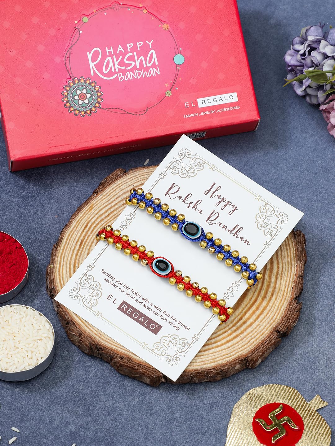 El Regalo 2PCs Simple Evil Eye Silver & Golden Beads Bracelet Rakhi Set for Brothers/Bhaiya-Bhabhi with Roli Chawal In Rakhi Gift Box- Elegant Rakhi for Bhai (Red & Blue Golden)
