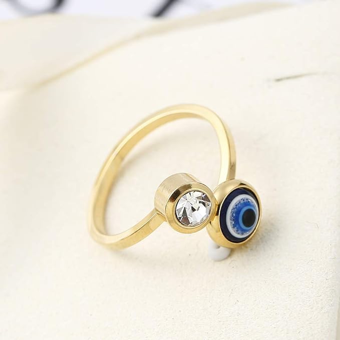 El Regalo 1 PC Stainless Steel Zircon Evil Eye Ring- Anti Tarnish/Waterproof Evil Eye Ring for Girls/Women (Non- Adjustable) (Gold, 18)