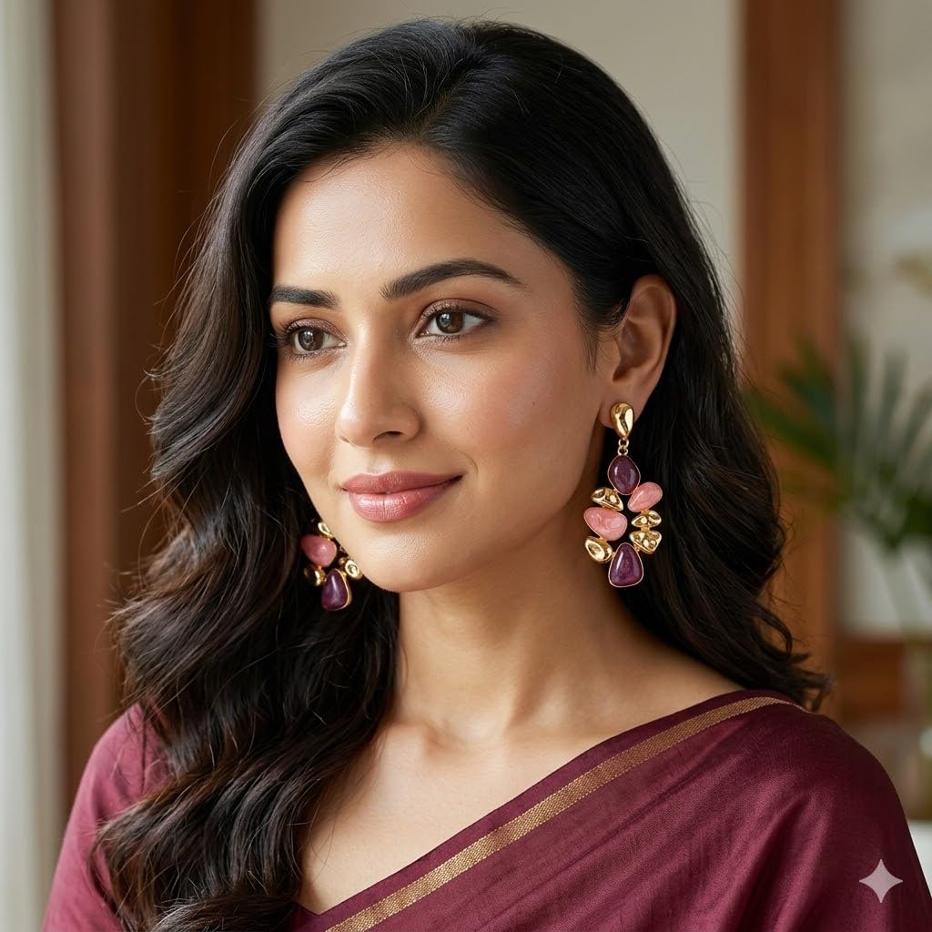 El Regalo Boho Statement Dangle Earrings for Women | Multicolor Resin Stone Drop Earrings | Party, Wedding, Festive & Casual Fashion Jewellery | Light Long Earrings (Red)