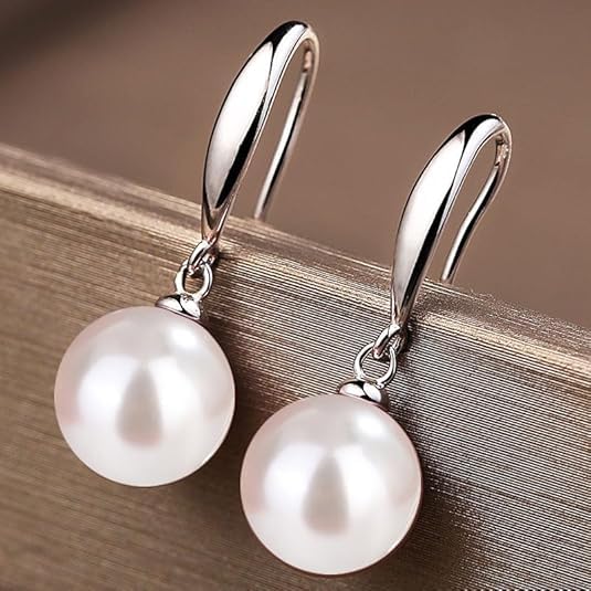 El Regalo 10mm Shiny Faux Pearl Hook Earrings - Multicolor Shell Pearl Drop Earrings for Women & Girls | Glossy Round Beads in Elegant Colors | Classic Dangle Earrings for All Occasions (White)