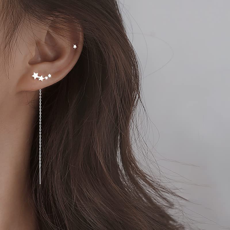 El Regalo Gold Plated Plated Minimalist Long Thin Tassel Elegant Threader Dangle Chain Earrings for Girls & Women (Star Stud Tassel)