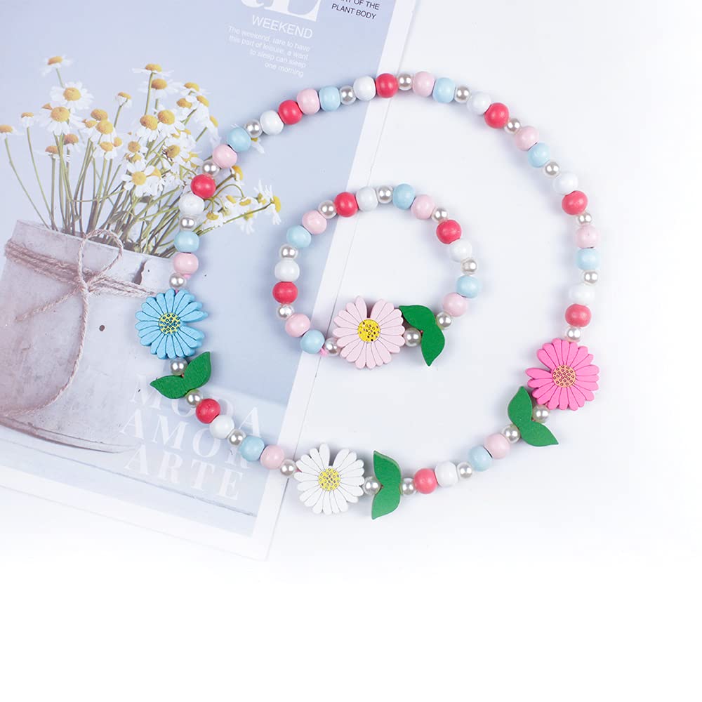 El Regalo Kids/Toddlers/Girls Wooden Beads Handmade Necklace & Bracelet Jewelry Sets (1 Necklace & 1 Bracelet): Kids Princess Jewelry Set (Flower Kids Jewelry Set)