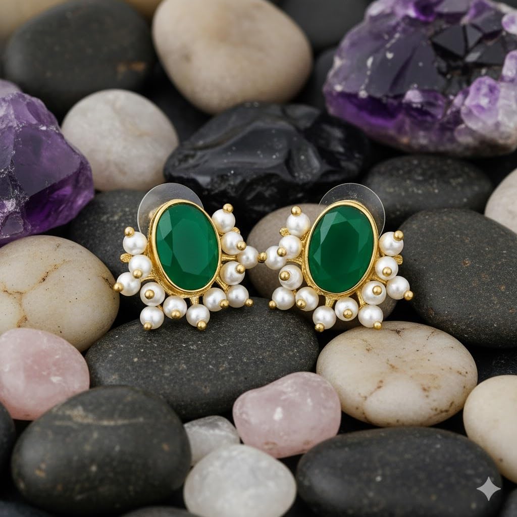 El Regalo Traditional Pearl Cluster Stud Earrings for Women & Girls | Gold-Plated Red & Green Oval Stone Earrings with Pearls | Festive, Wedding & Ethnic Jewelry (Green)