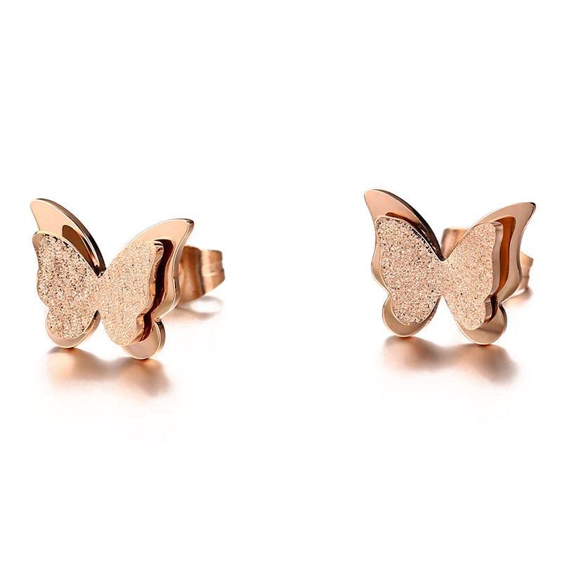 El Regalo Stainless Steel Small Butterfly NO RUST Earrings- Butterfly Matt Finish Rose Gold Plated Stainless Steel Cute Stud Earrings for Women/Girls
