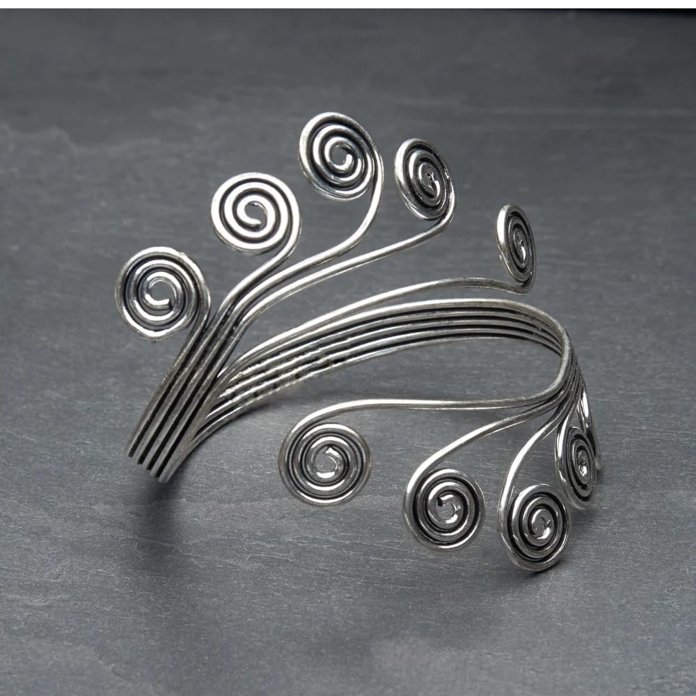 El Regalo Women's 1 Pc Oxidized Vintage Spiral Armlet In Antique Finish- Filigree Adjustable Spiral Brass Arm Cuff Bracelet (Antique Silver)