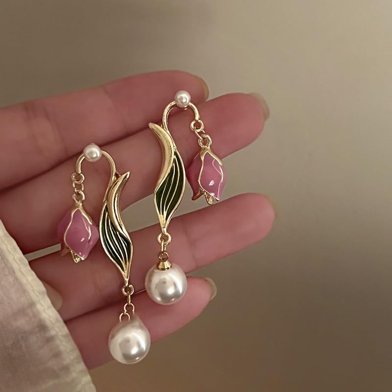 El Regalo Romantic Tulip Summer French Vintage Oil Dropping Flower Pearl Earrings- Light & Luxury Retro Pink Flower Pearl Stud Earrings