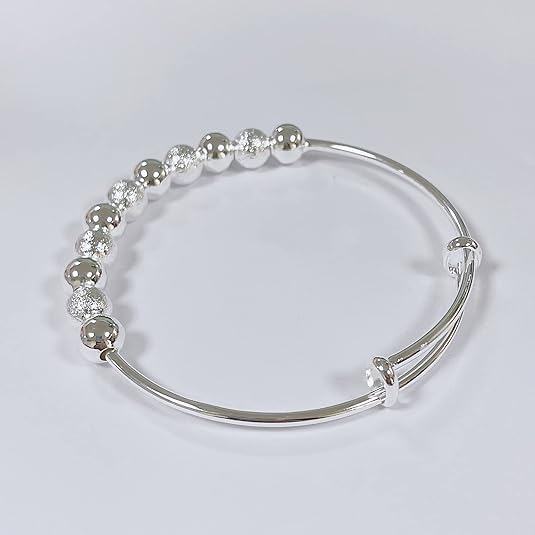 El Regalo Cute 1PC Adjustable Baby Bangle Bracelet for Girls & Boys - 925 Silver Plated Infant Bracelet with Sparkly Beads, Bell & Heart Charm - Ideal Gift for Babies & Toddlers (5cms Diameter) (Style-3)