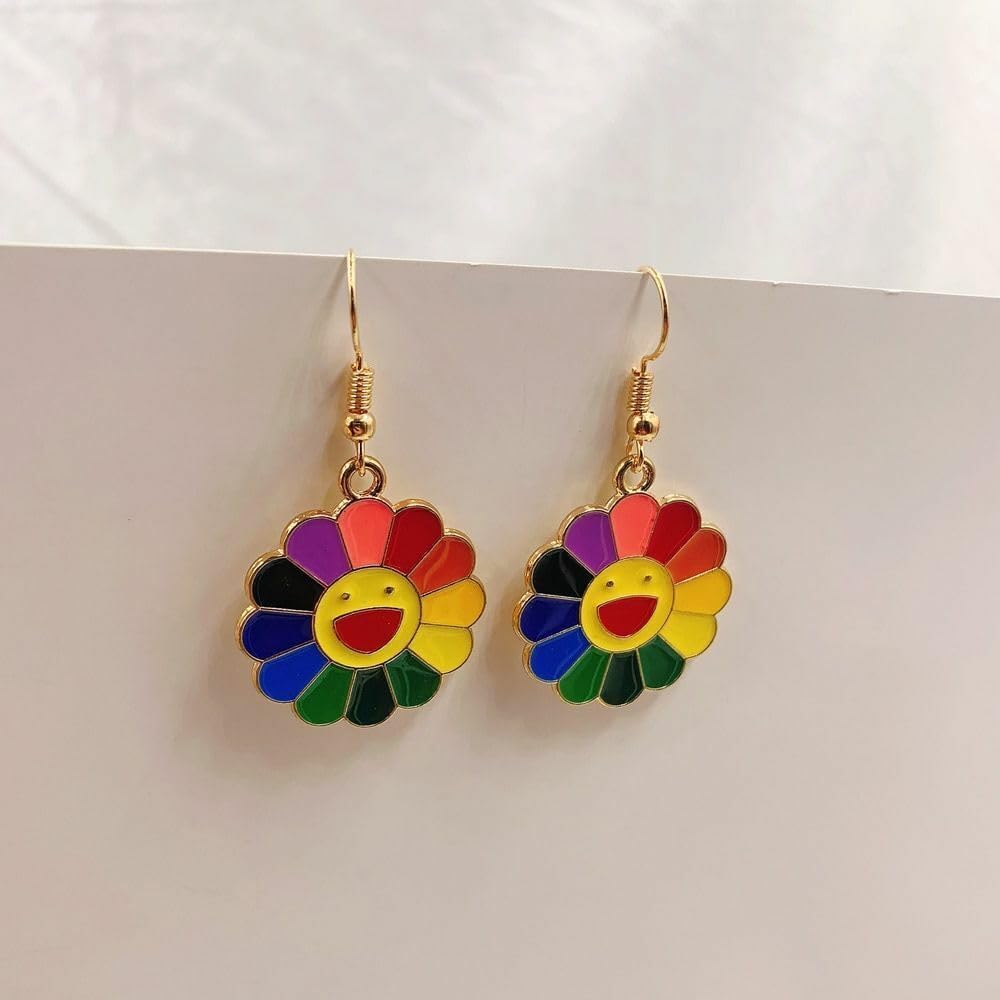 El Regalo Cute Enamel Rainbow Sunflower Smiling Face Necklace and Earrings Set for Girls & Women