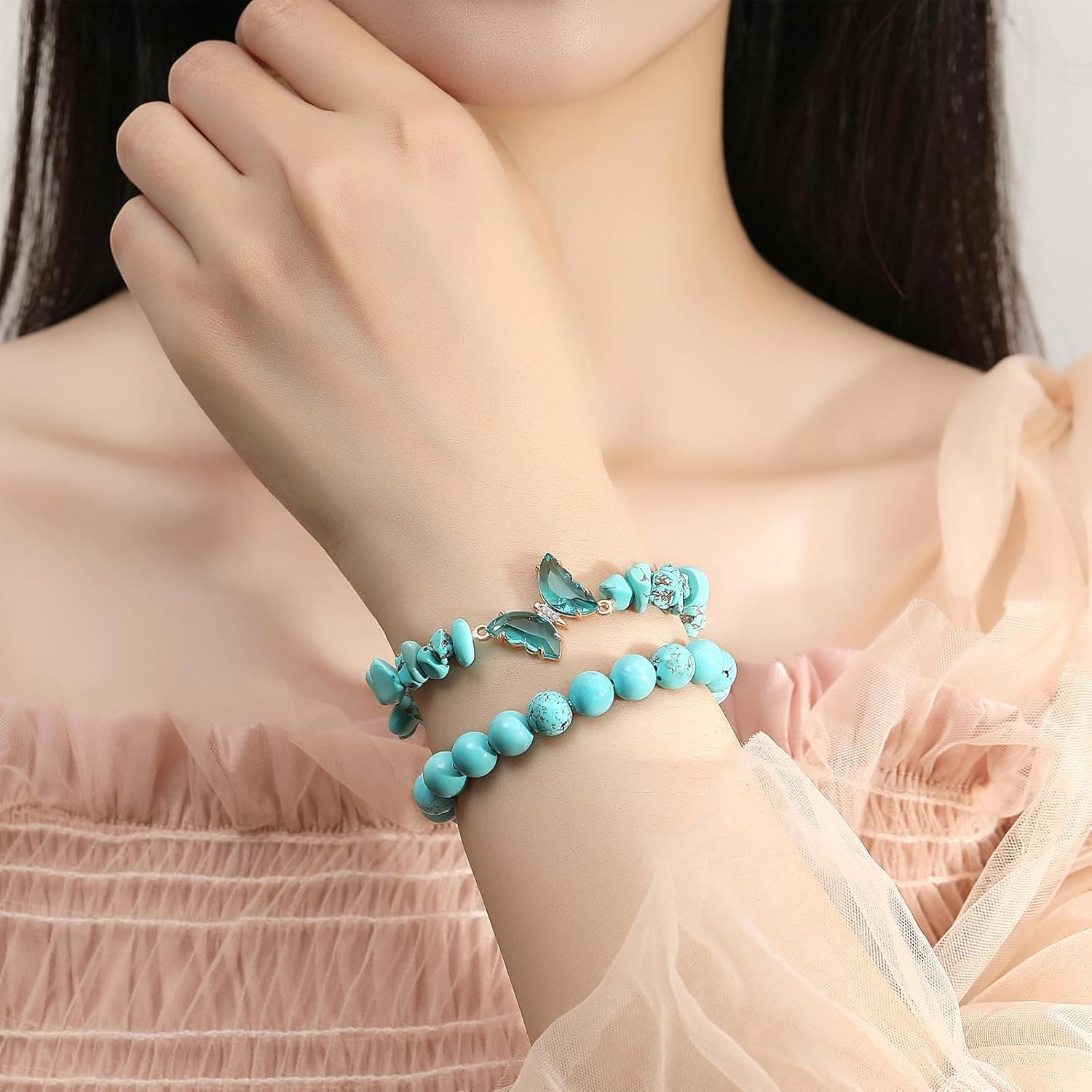 El Regalo 2PCs Natural Crystals Butterfly Bracelets Set- Real Crystals Healing Stones Bracelet Combo for Women (Turquoise Green)