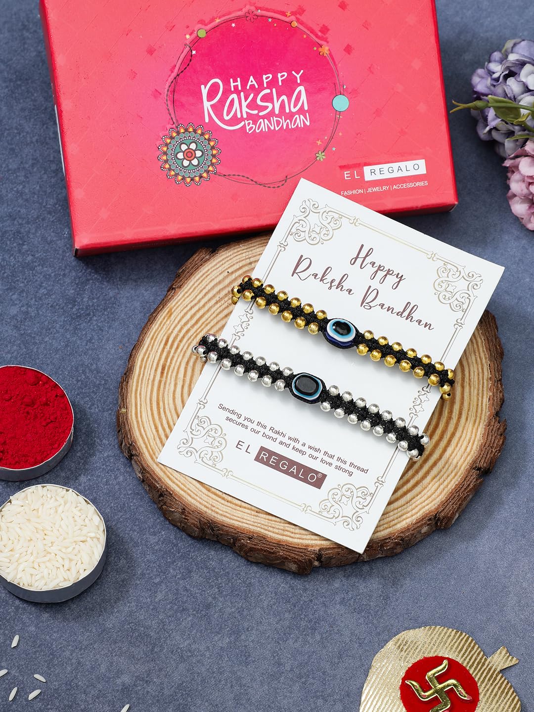El Regalo 2PCs Simple Evil Eye Silver & Golden Beads Bracelet Rakhi Set for Brothers/Bhaiya-Bhabhi with Roli Chawal In Rakhi Gift Box- Elegant Rakhi for Bhai (Silver & Golden Black)