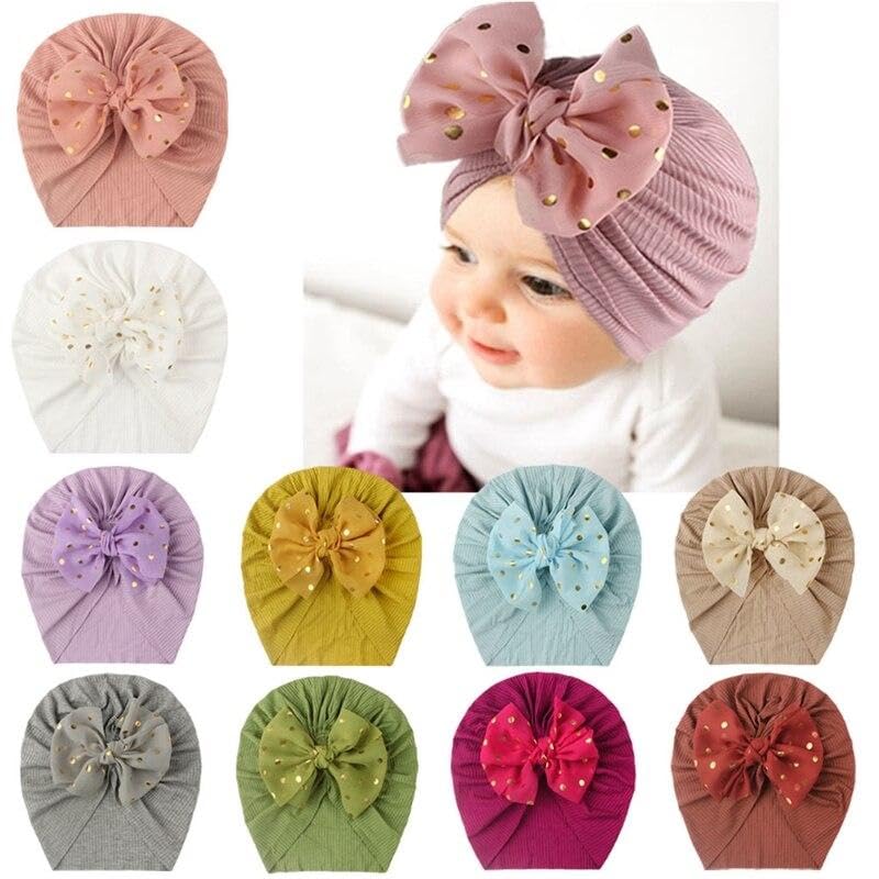 El Regalo 1PC Baby Turban Headband - Soft Nylon Bow with Golden Polka Dots - Newborn to Toddler Headwrap for Baby Girls - Stretchy & Comfortable Fit for 6 Months to 5 Years (Rusty Red, One Size)