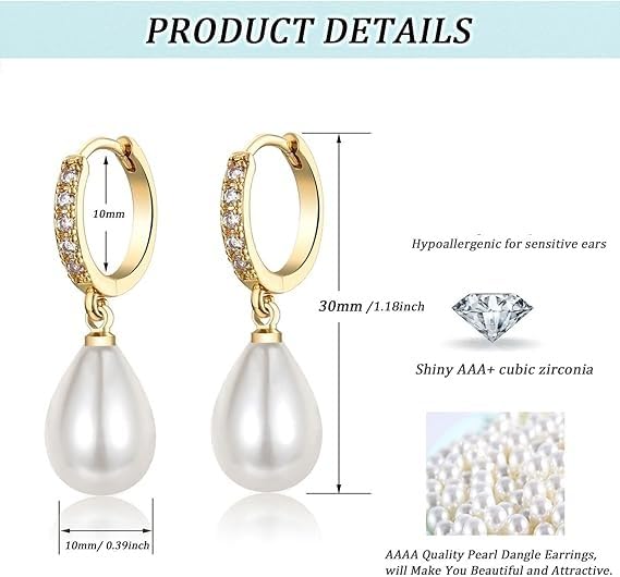 El Regalo Minimalist CZ Pearl Drop Earrings for Women | Korean Style Dangle Hoop Earrings | Gold & Silver Plated Cubic Zirconia Pearl Earrings | Elegant Daily Fashion Jewellery for Girls (Silver- Drop)