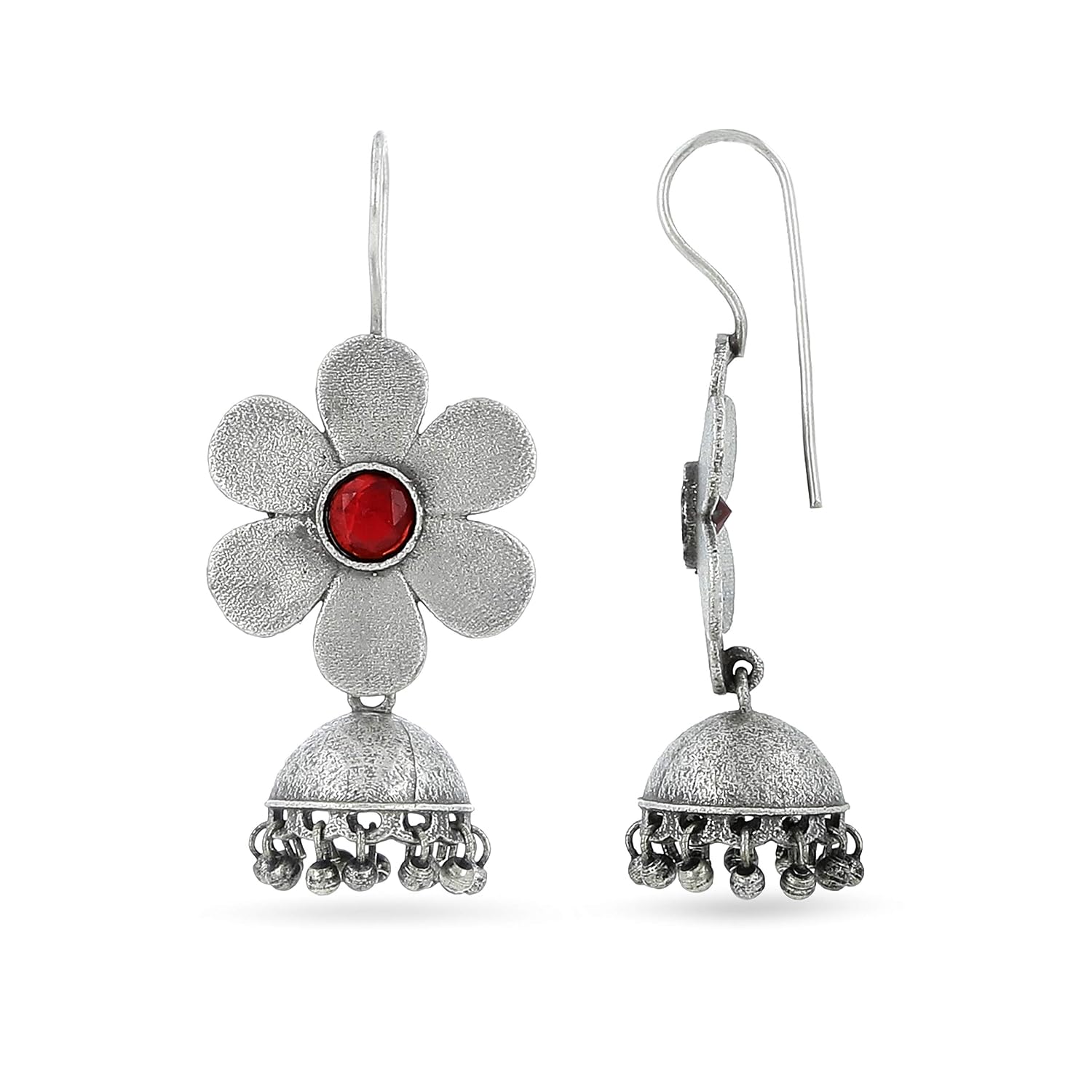 El Regalo Beautiful Small Traditional Ethnic Bollywood Style Vintage Floral Jhumka Earrings for Women & Girls in Antique Oxidized Silver Finish (Red)