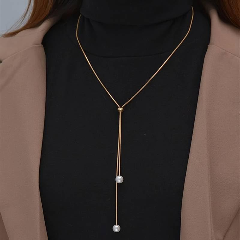 El Regalo Classy Slider Pearl Tie Necklace for Girls & Women- Elegant Drawstring Imitation Pearl Pendant Adjustable Y-Shaped Chain Necklace (Gold)