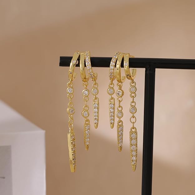 El Regalo Elegant Triple Huggie Hoop Earrings for Girls & Women | Illusion 3-in-1 Stacked Drop Earrings with Dangle Charms | Single Piercing Statement Jewellery | Ideal Gift for Girls & Women