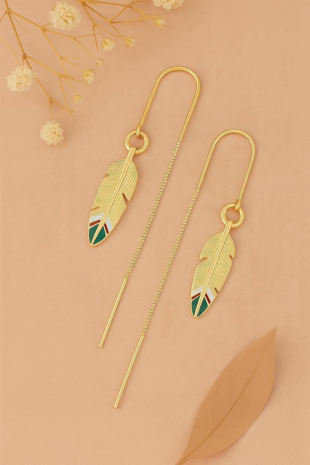 El Regalo Elegant Gold Feather Threader Earrings for Women & Girls | Contemporary Long Leaves Dangle Earrings