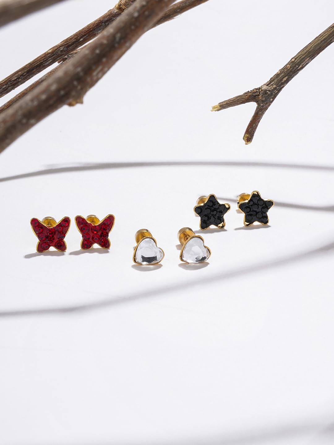 El Regalo 3 Pairs Cute Stainless Steel CZ Stud Earrings Combo for Kids/Girls/Teens/Women - Stars, Heart, Flower, Butterfly, Disco Ball, Stones - Hypoallergenic Flatback Earrings (Style-9)